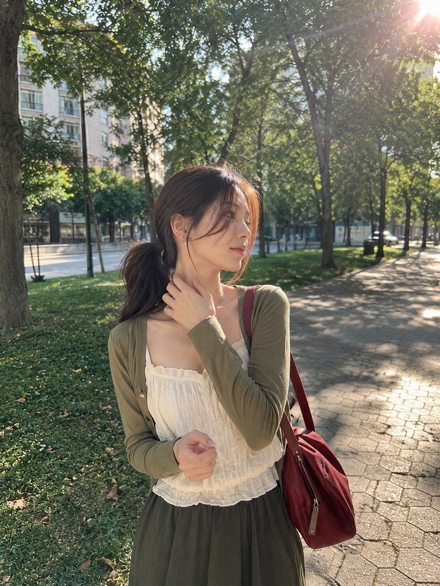 Photorealistic candid outdoor portrait of a young woman standing in a