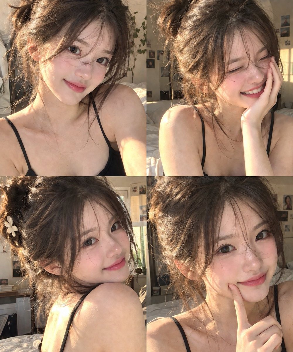 Realistic 2×2 portrait collage of an adorable young Korean woman in