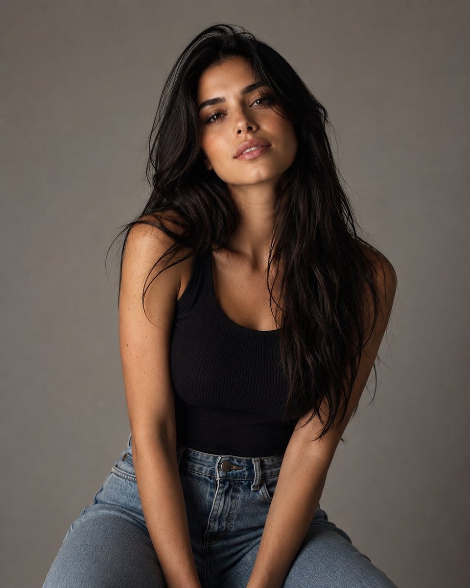 Highly photorealistic luxury studio photoshoot of a clearly adult Portuguese woman
