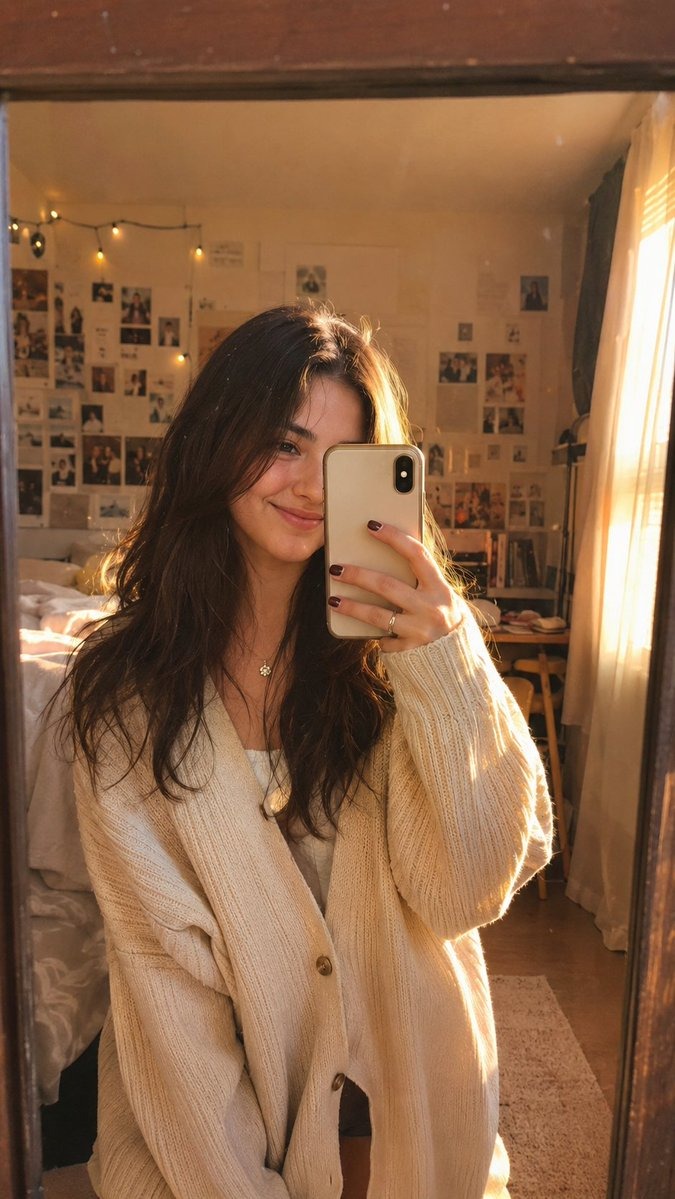 { "image_generation_request": { "prompt": "An ultra-realistic vertical mirror selfie captured inside